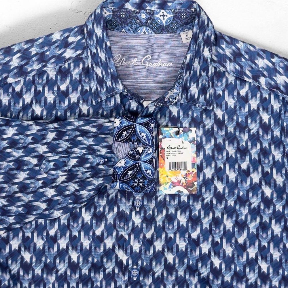 Robert Graham Bankston Blue Geometric Chevron Print Button Down Shirt NWT S